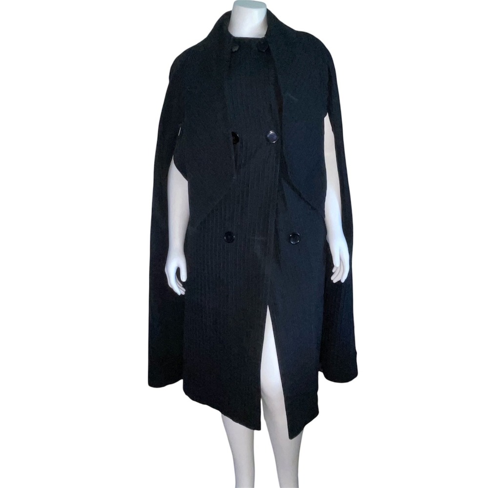 Vintage Tuxster Black Pintuck Cape Coat Double Breasted Tie Neck lined small 70s